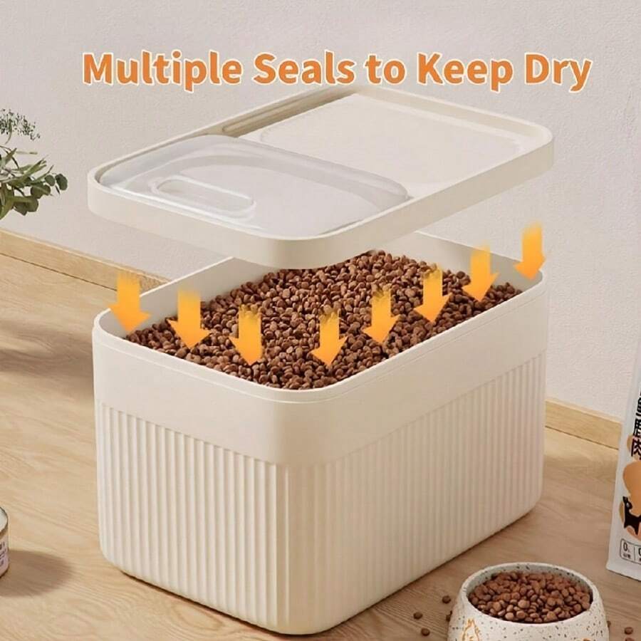White airtight pet food storage container with easy-open lid and leak-proof seal for dry dog and cat food