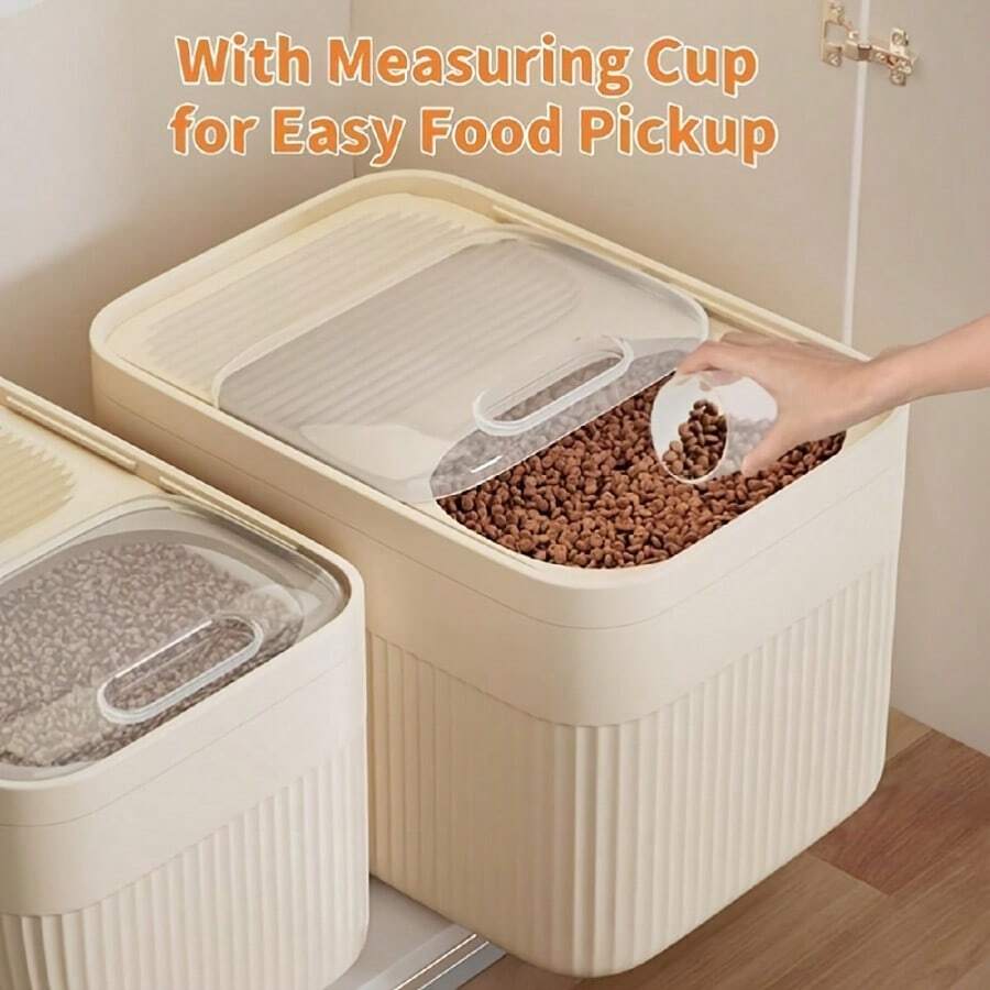 White airtight pet food storage container with easy-open lid and leak-proof seal for dry dog and cat food