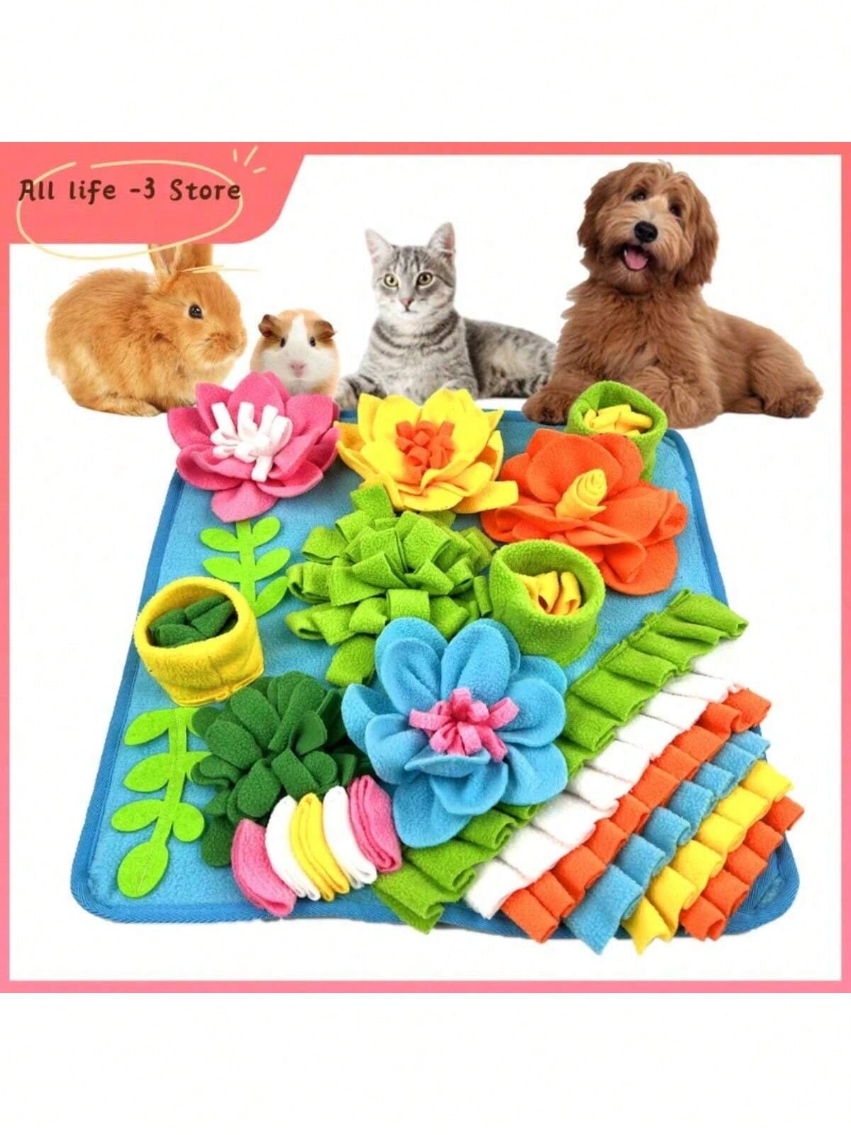 Multicolor pet sniff training mat with fruit and vegetable pattern for cats and dogs.