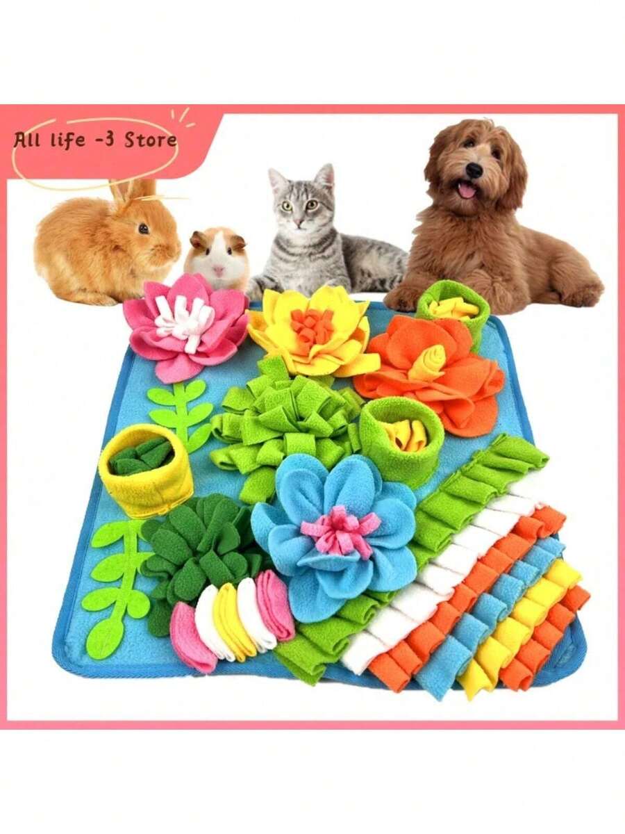 Multicolor pet sniff training mat with fruit and vegetable pattern for cats and dogs.