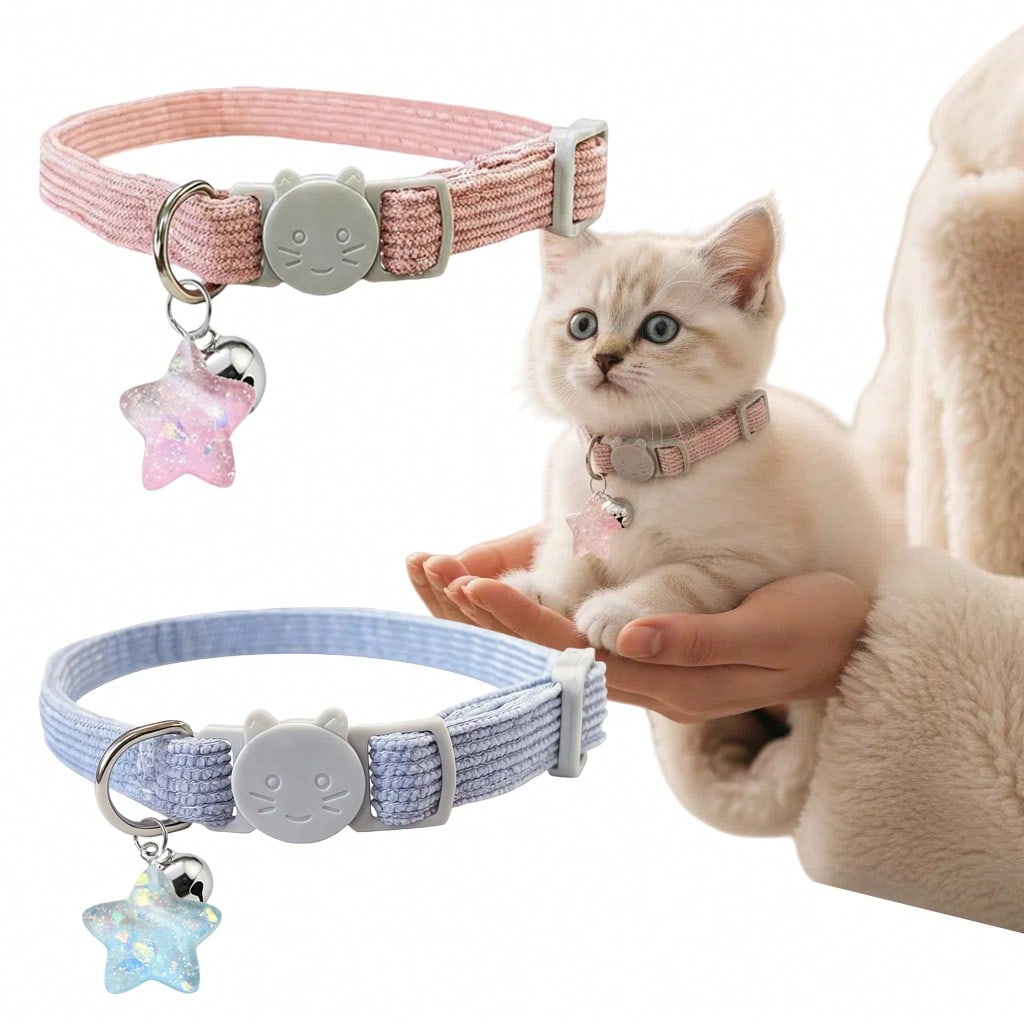 Multicolor adjustable polyester cat collar with detachable safety buckle and star pendant for small, medium, and large cats