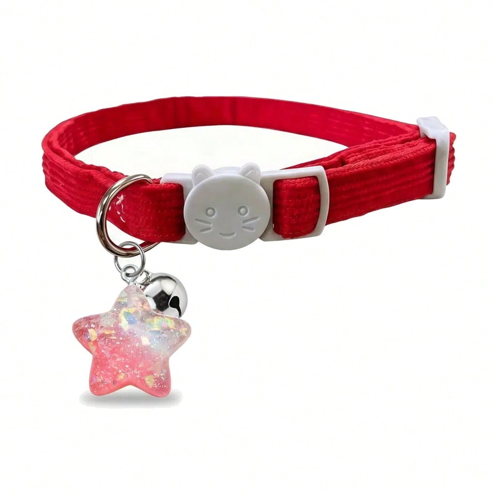 Multicolor adjustable polyester cat collar with detachable safety buckle and star pendant for small, medium, and large cats