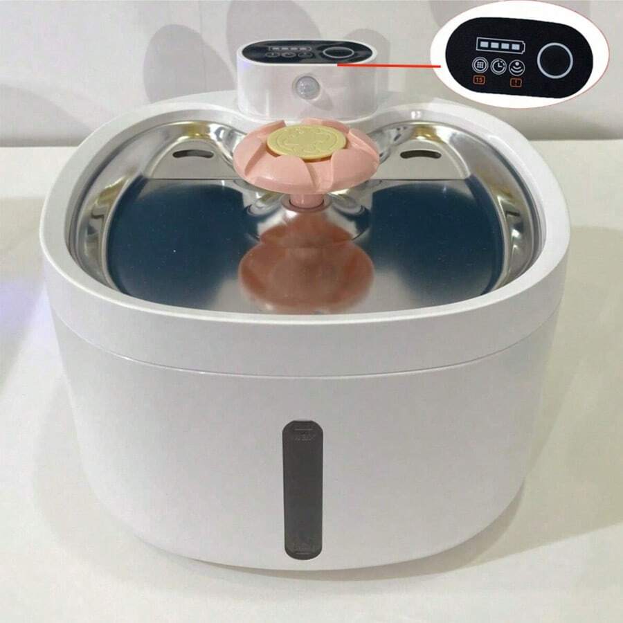 Wireless automatic cat water fountain with motion sensor dispenser, 2.6L capacity, rechargeable battery powered in multicolor ABS material.