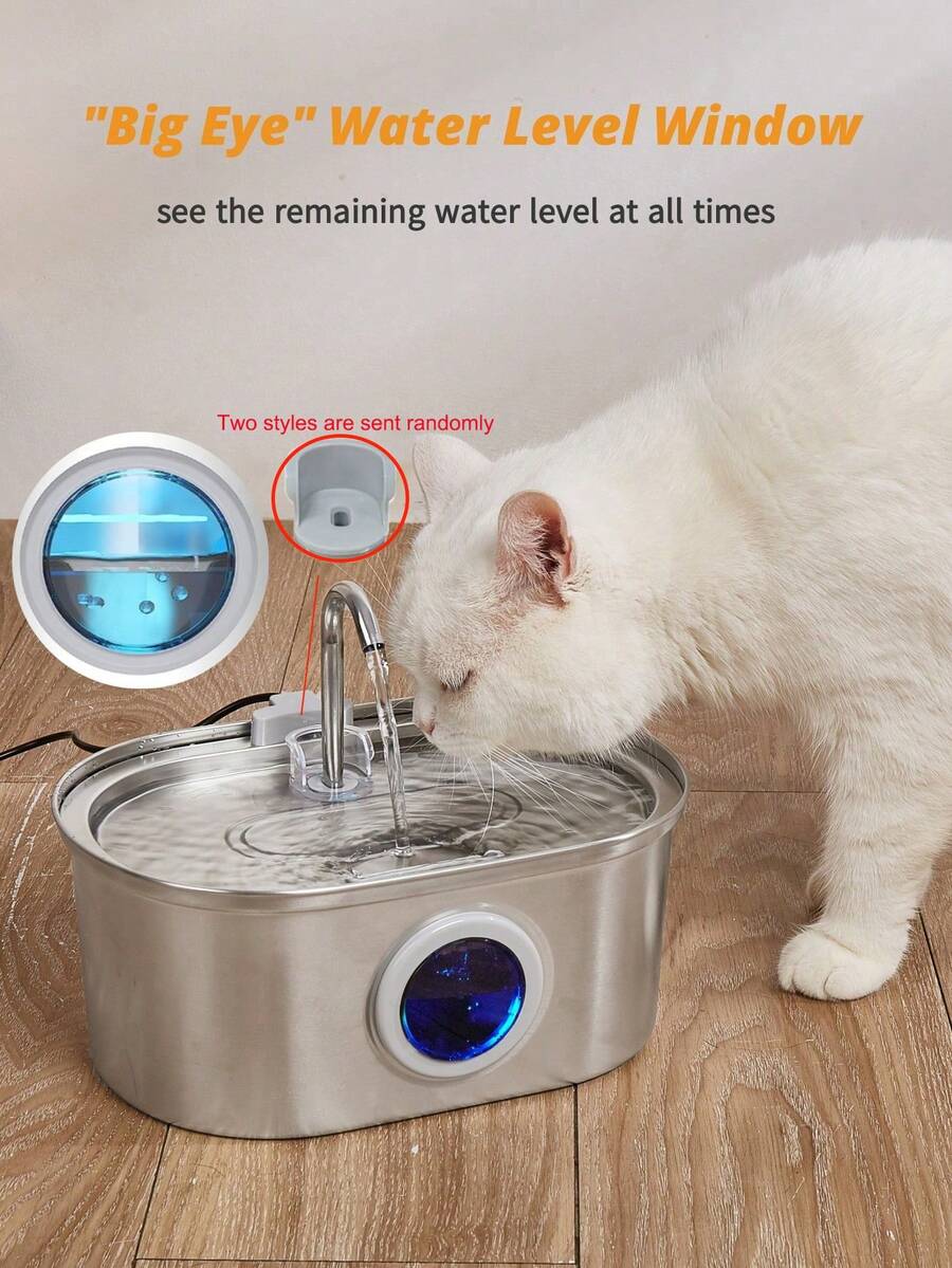 3.2L stainless steel automatic pet water fountain with built-in LED night light and USB power cord for dogs and cats.
