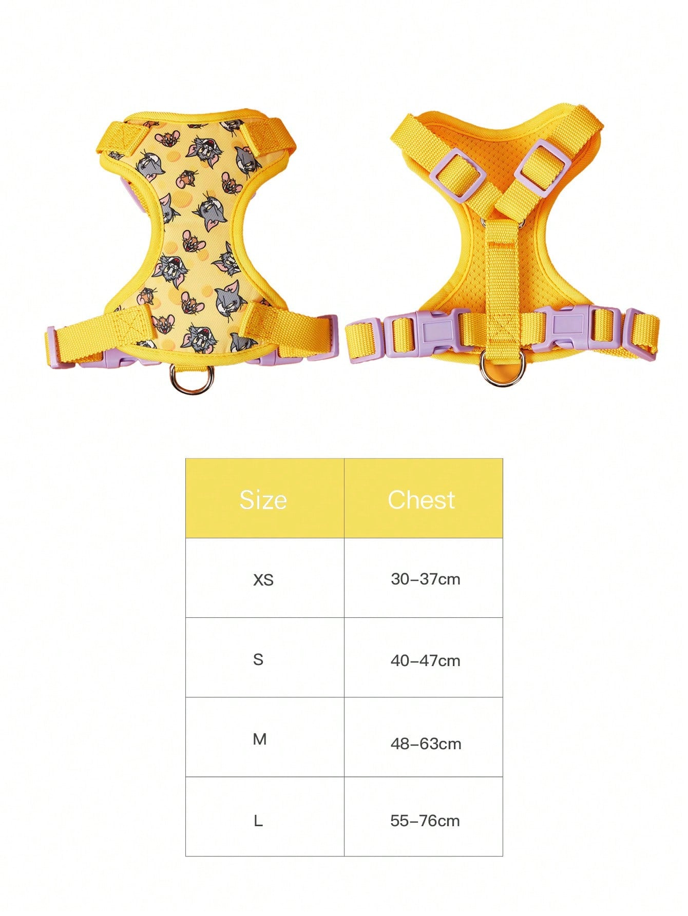 Powerpuff Girls cartoon dog harness with heart print, breathable polyester mesh, adjustable straps, and vibrant color block design for small dogs