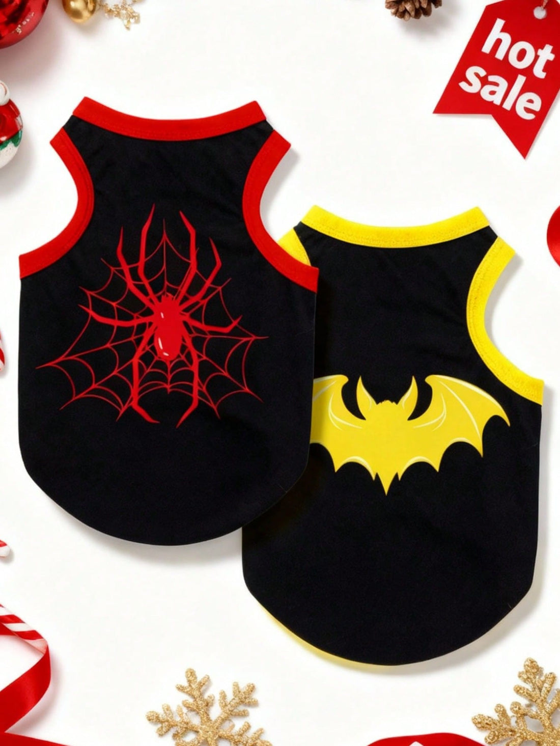 2pcs/Set Polyester Spider & Bat Print Anti-Flea Anti-Shedding Breathable Pet Vest Jacket, Suitable For Cats And Dogs Indoor And Outdoor Use