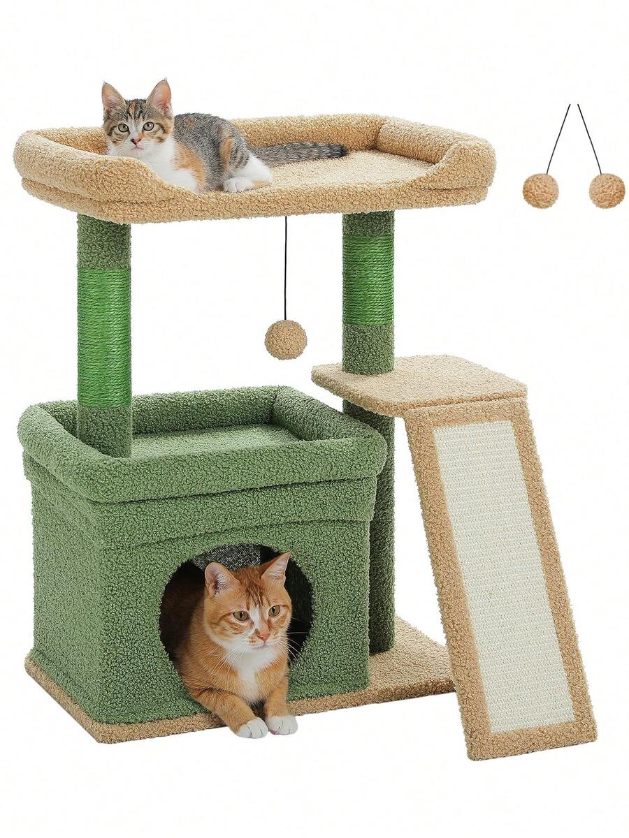 Small vintage cat tree tower for indoor cats featuring a cozy cushioned top perch, soft cat condo, natural sisal scratching posts, and a scratching ladder.