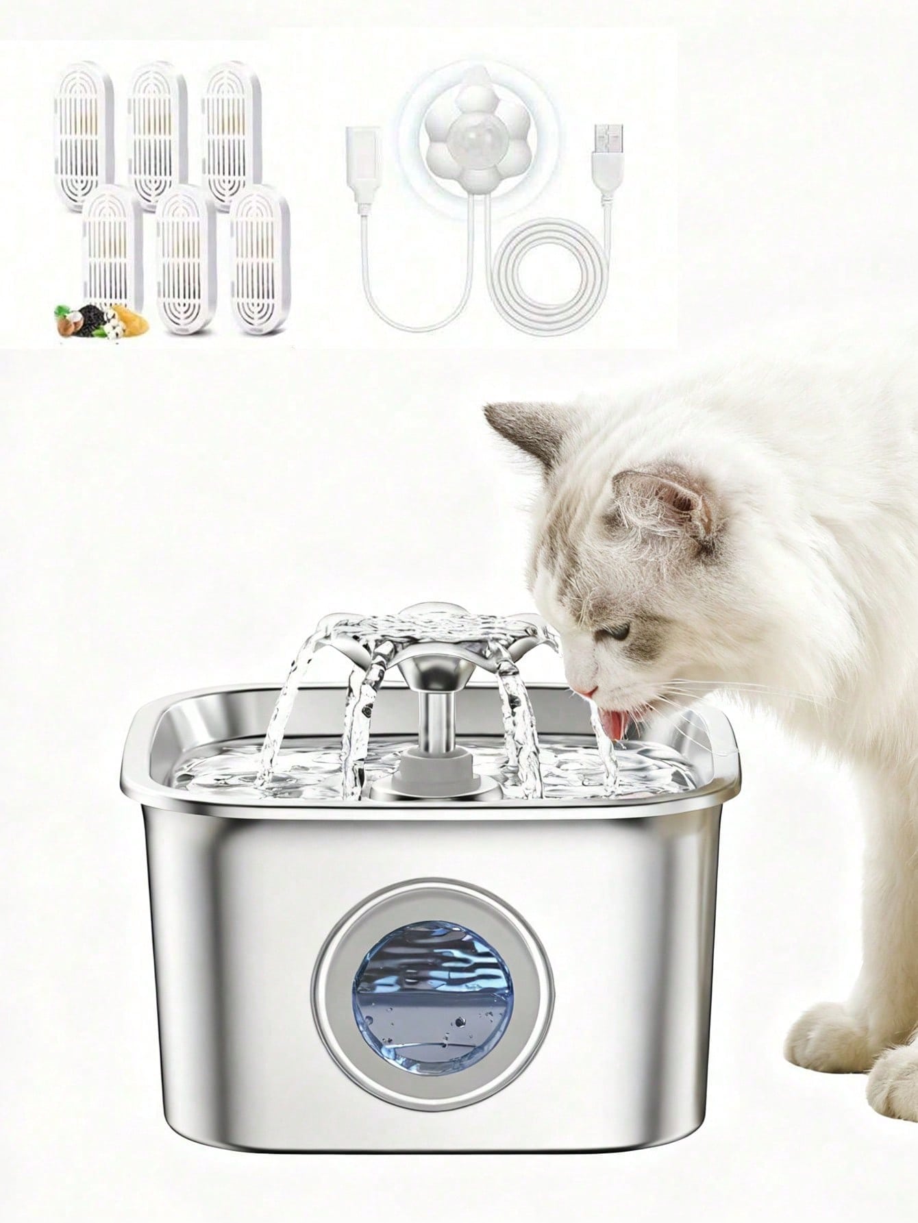 2.6L stainless steel automatic pet water dispenser fountain with clear water level window and USB power connection for cats and dogs.
