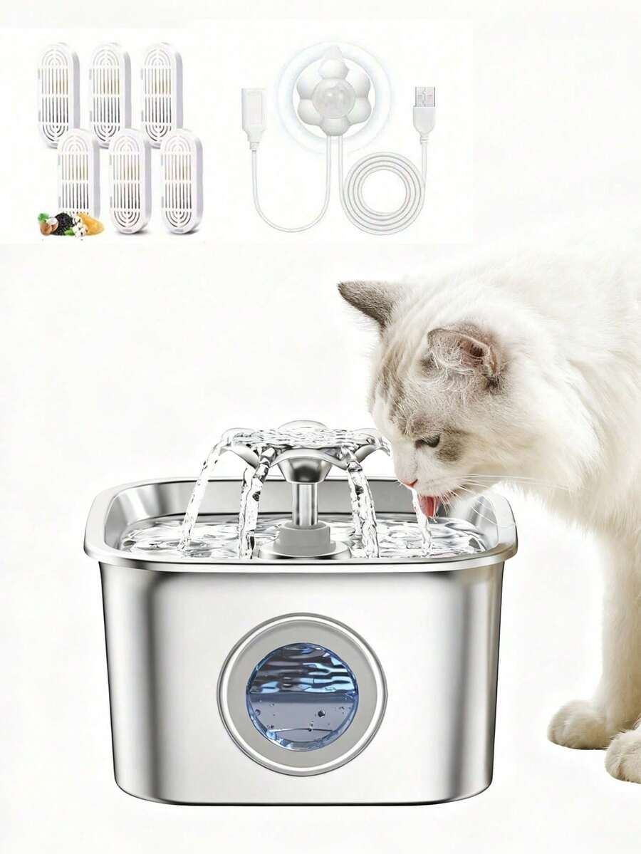 2.6L stainless steel automatic pet water dispenser fountain with clear water level window and USB power connection for cats and dogs.