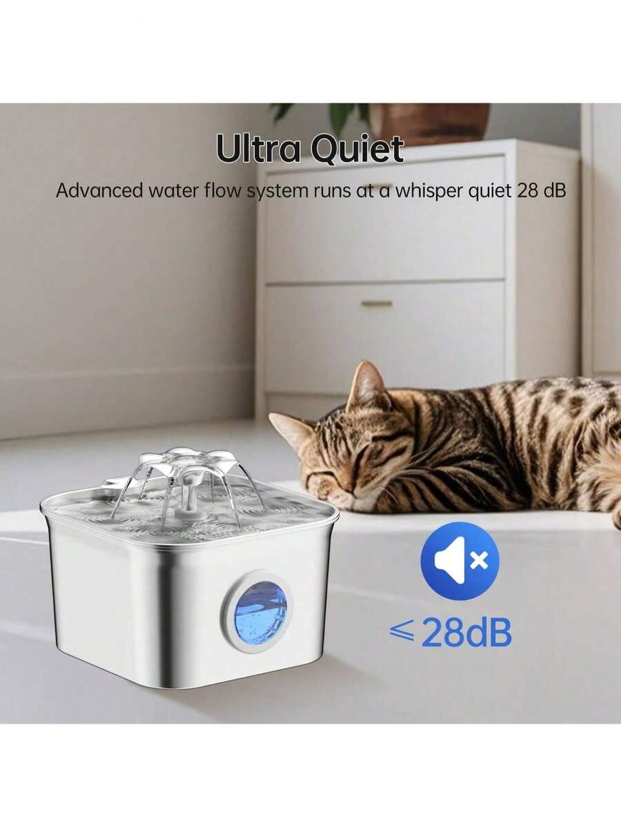 2.6L stainless steel automatic pet water dispenser fountain with clear water level window and USB power connection for cats and dogs.