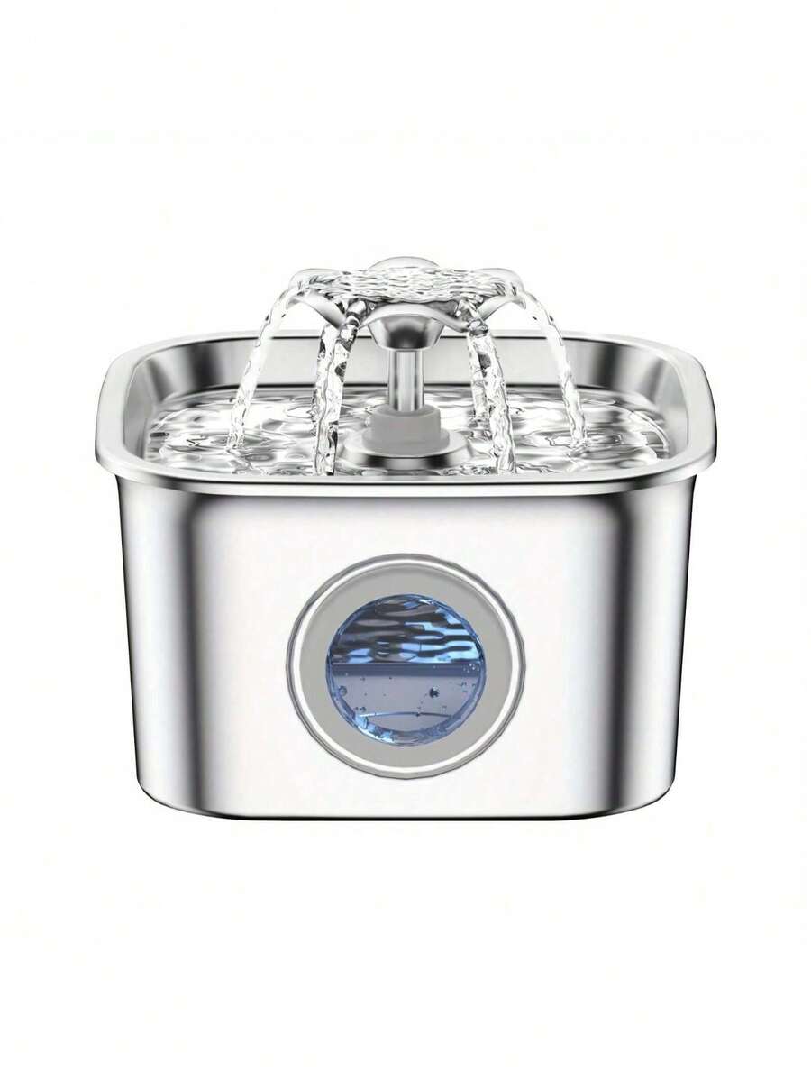 2.6L stainless steel automatic pet water dispenser fountain with clear water level window and USB power connection for cats and dogs.