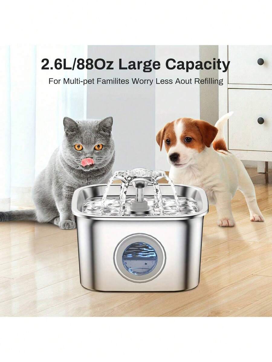 2.6L stainless steel automatic pet water dispenser fountain with clear water level window and USB power connection for cats and dogs.