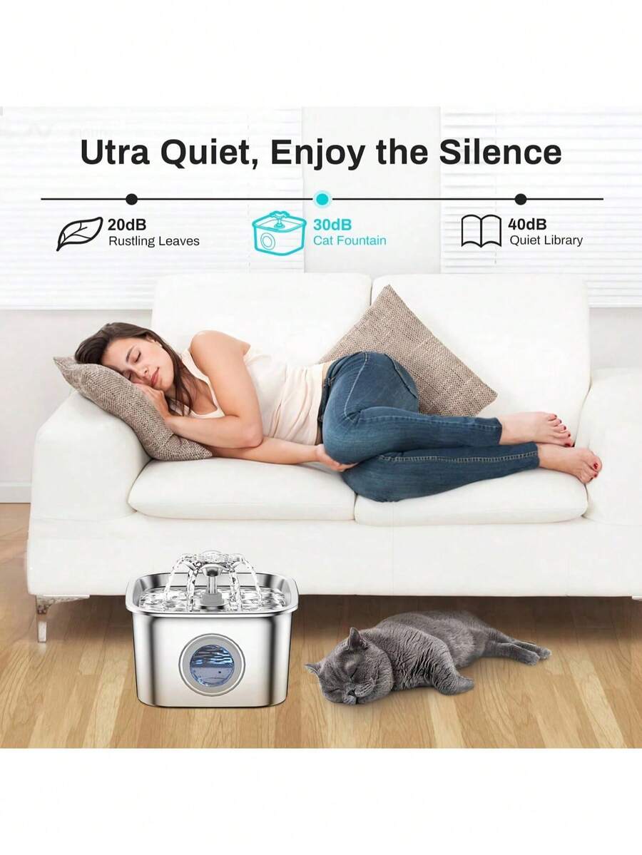 2.6L stainless steel automatic pet water dispenser fountain with clear water level window and USB power connection for cats and dogs.