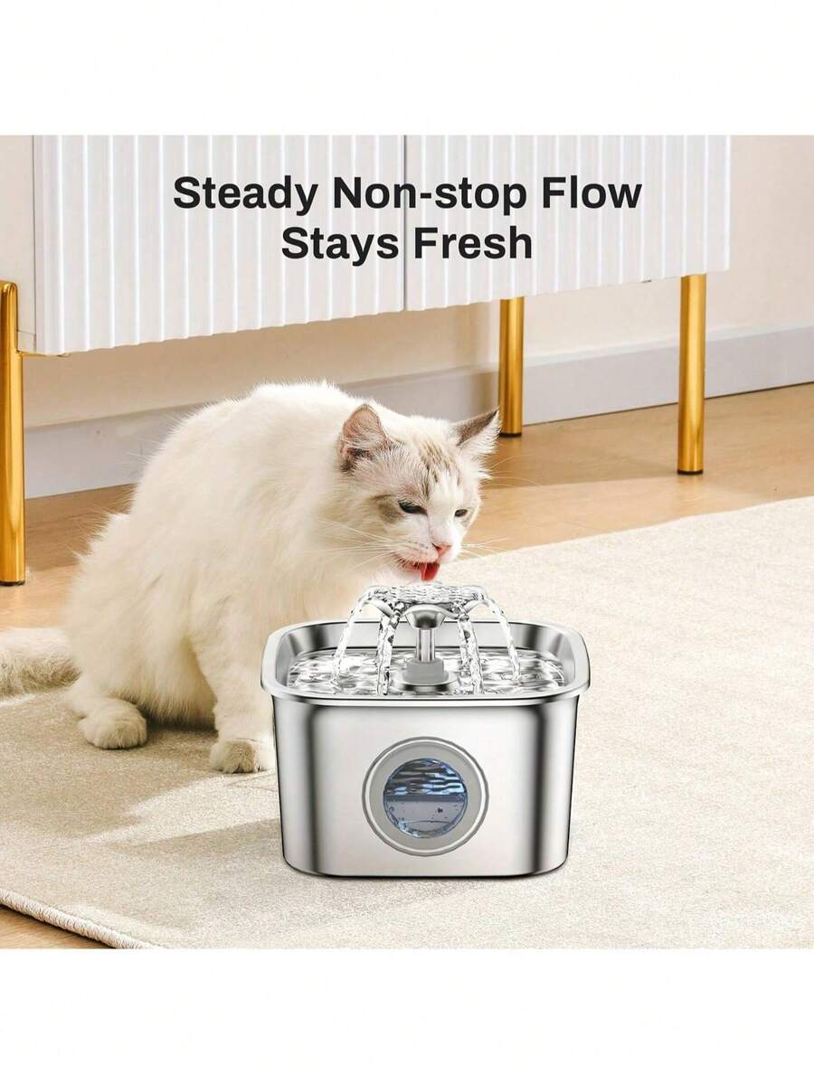 2.6L stainless steel automatic pet water dispenser fountain with clear water level window and USB power connection for cats and dogs.
