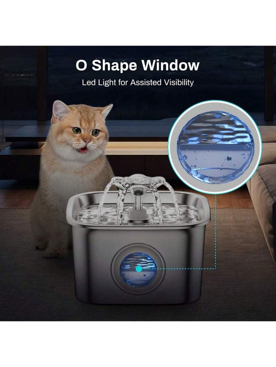 2.6L stainless steel automatic pet water dispenser fountain with clear water level window and USB power connection for cats and dogs.