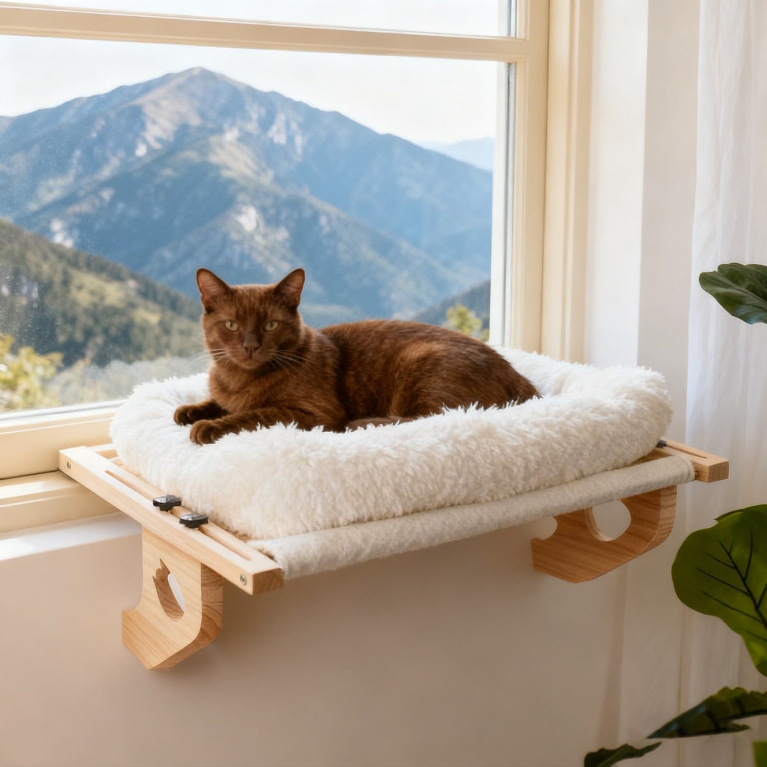 White wooden padded cat window seat with plant pattern cushion mounted on a windowsill