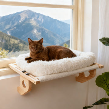 White wooden padded cat window seat with plant pattern cushion mounted on a windowsill