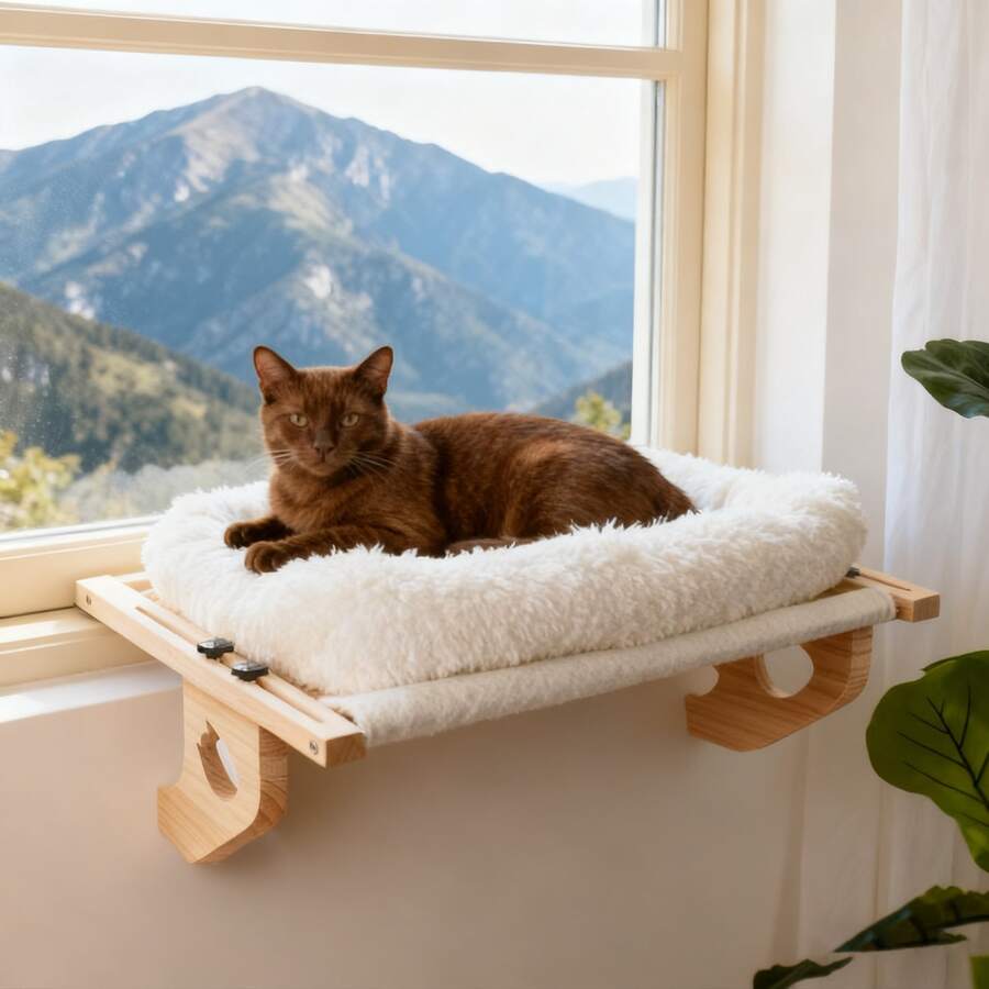 White wooden padded cat window seat with plant pattern cushion mounted on a windowsill