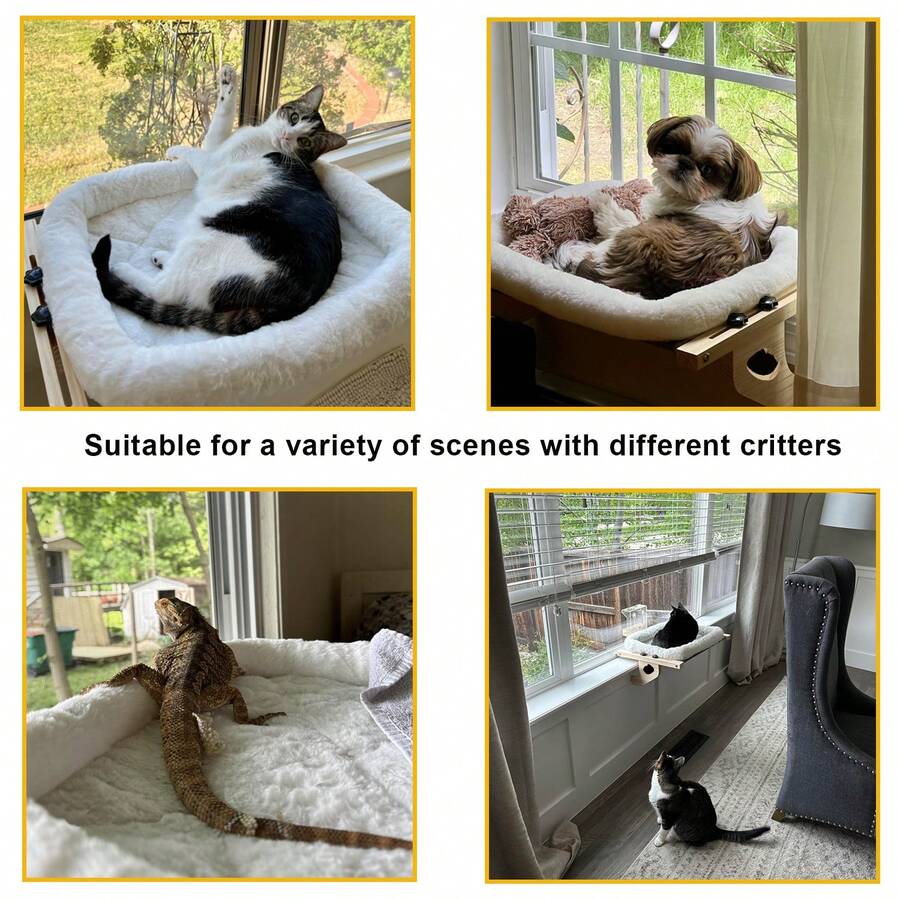 White wooden padded cat window seat with plant pattern cushion mounted on a windowsill