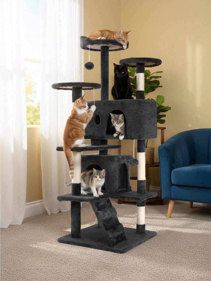 Dark grey 53.9-inch multi-level cat tree tower with dual condos, natural sisal scratching posts, climbing ladder, and plush perches for indoor cats.