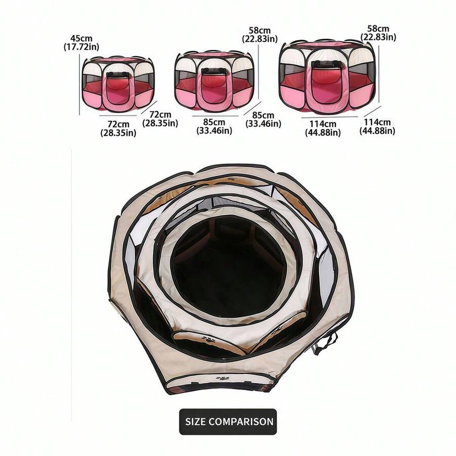 Dusty pink foldable octagonal pet tent kennel and playpen for cats and dogs made from 100% polyester.