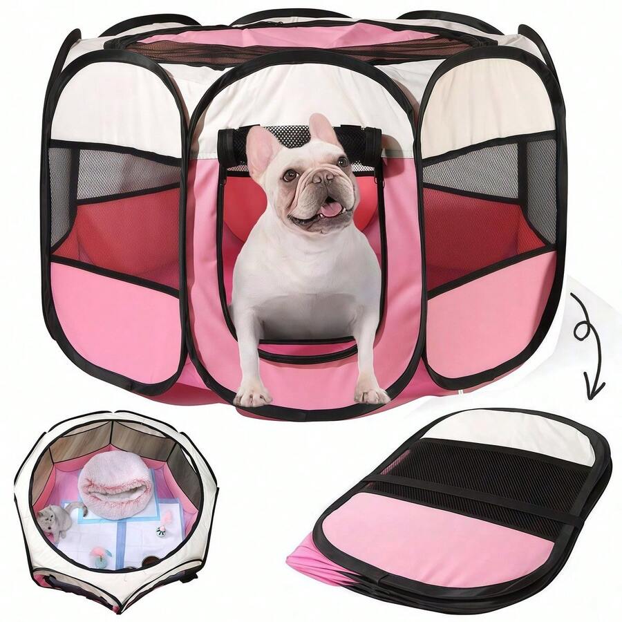 Dusty pink foldable octagonal pet tent kennel and playpen for cats and dogs made from 100% polyester.