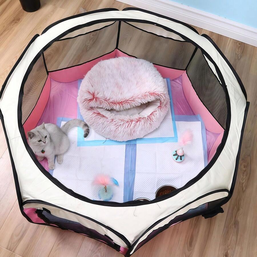 Dusty pink foldable octagonal pet tent kennel and playpen for cats and dogs made from 100% polyester.