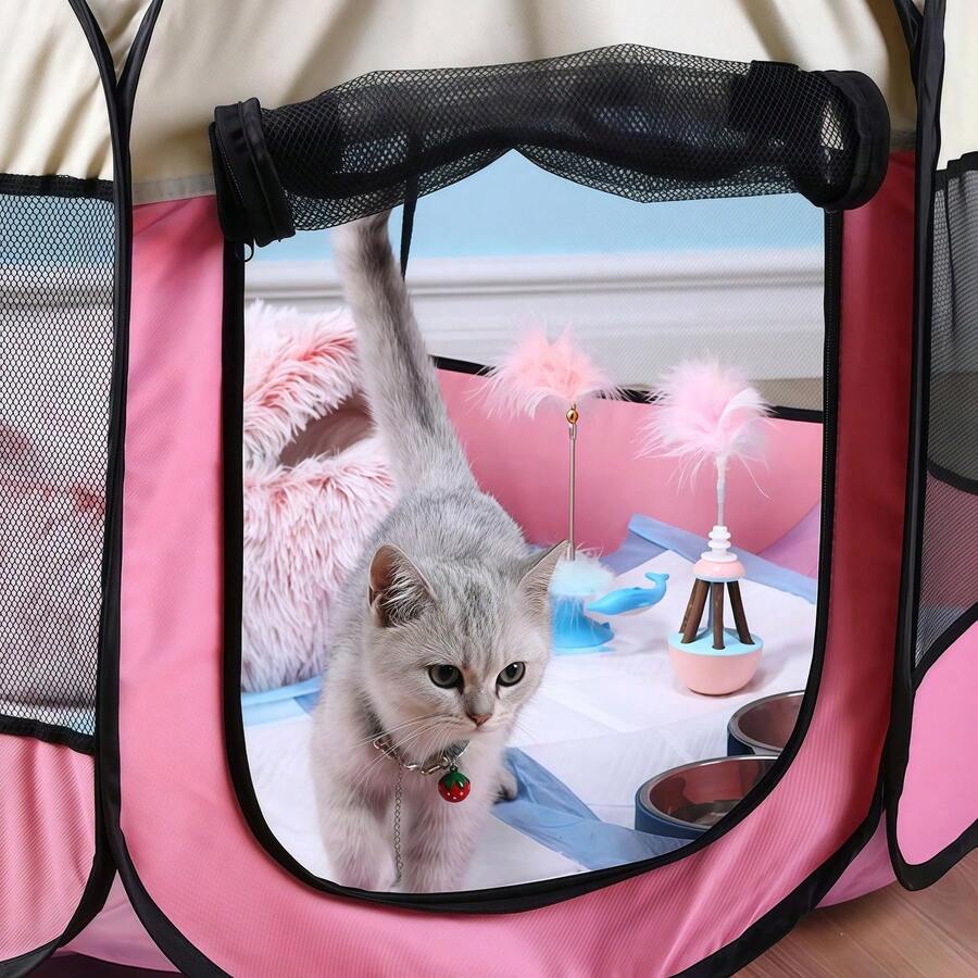 Dusty pink foldable octagonal pet tent kennel and playpen for cats and dogs made from 100% polyester.