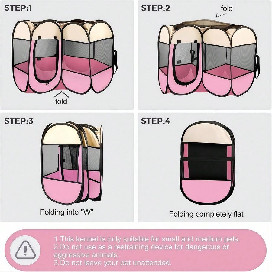 Dusty pink foldable octagonal pet tent kennel and playpen for cats and dogs made from 100% polyester.