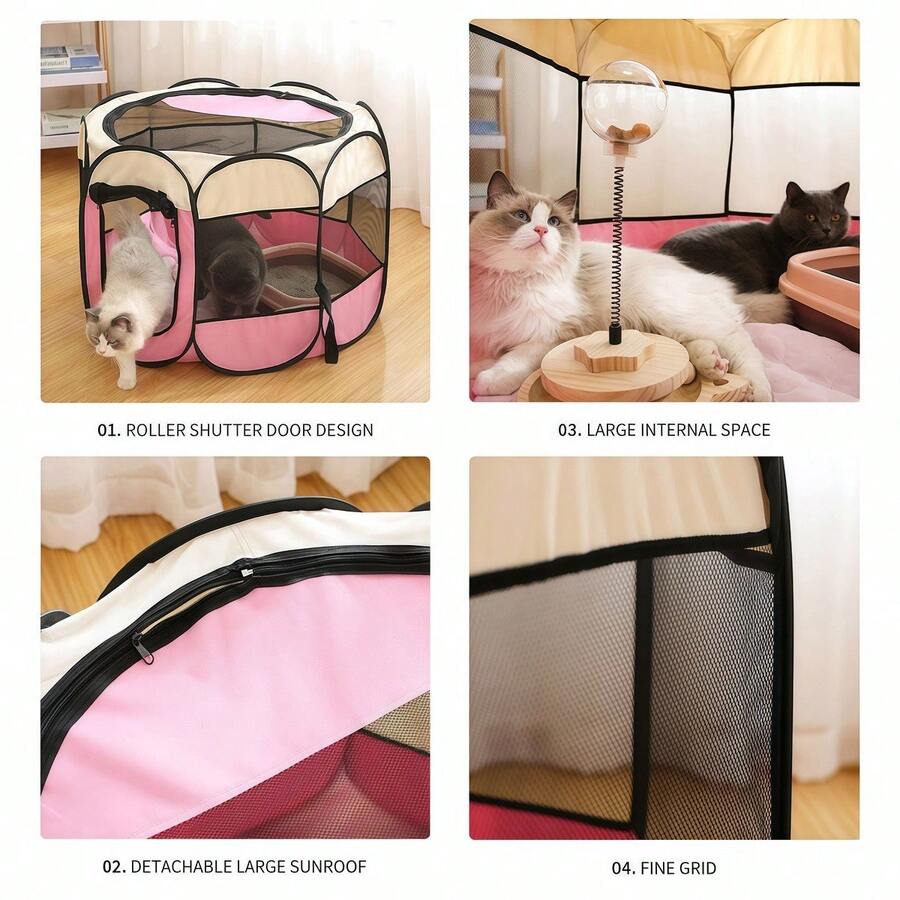 Dusty pink foldable octagonal pet tent kennel and playpen for cats and dogs made from 100% polyester.