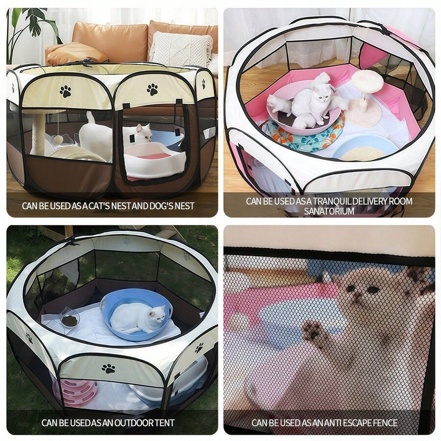 Dusty pink foldable octagonal pet tent kennel and playpen for cats and dogs made from 100% polyester.