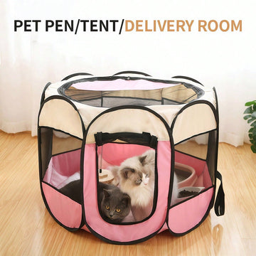 Dusty pink foldable octagonal pet tent kennel and playpen for cats and dogs made from 100% polyester.