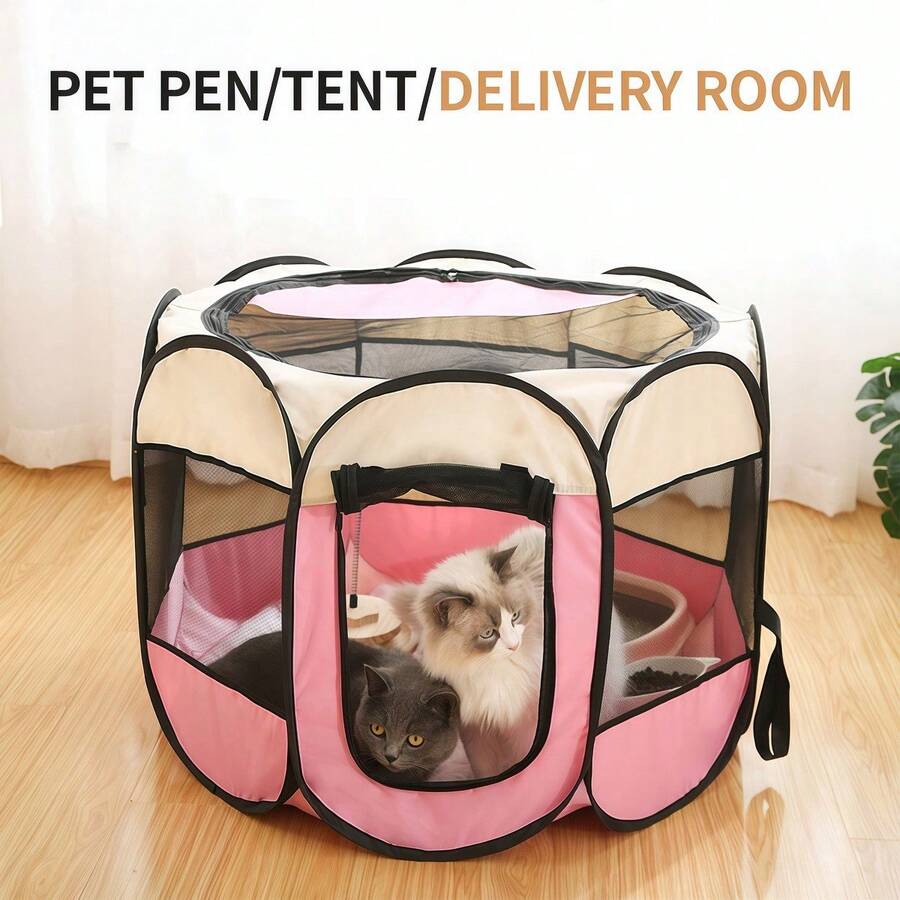 Dusty pink foldable octagonal pet tent kennel and playpen for cats and dogs made from 100% polyester.
