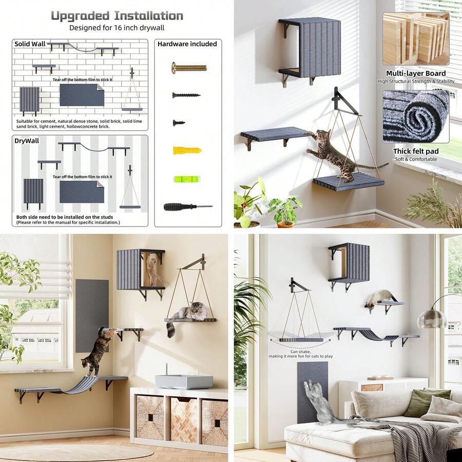 Wall mounted grey wooden cat furniture set featuring a cat house, wooden bridge, climbing steps, and scratcher board for indoor cats.