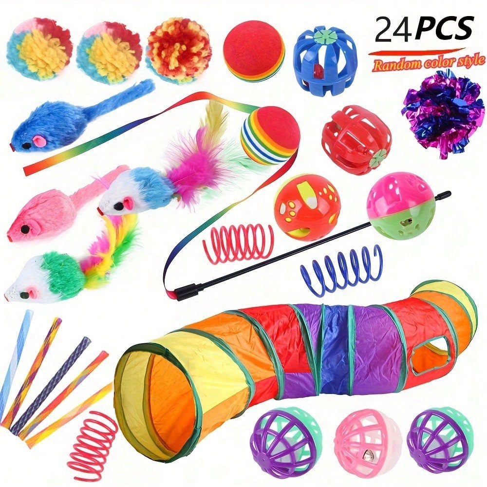 24pcs Interactive Cat Toy Set, Includes Foldable Tunnel, Artificial Feather Teaser Wand And Rustling Toy Balls - Indoor Cat Multi-Function Stimulating Toy Set - Durable Polyester Material, Variety Of Styles - Perfect Gift For Cat Lovers