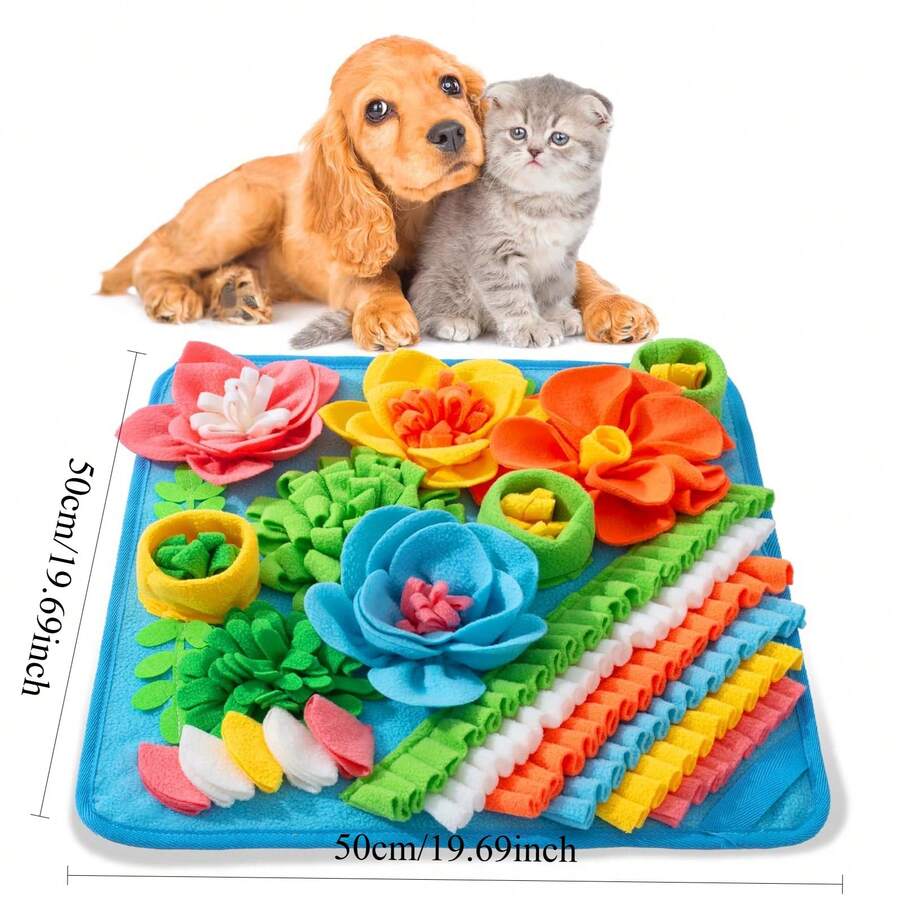 Multicolor pet sniff training mat with fruit and vegetable pattern for cats and dogs.