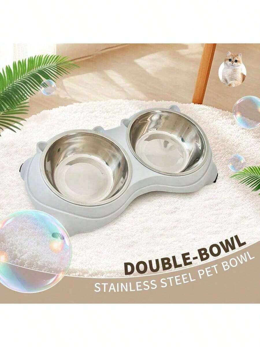 Double stainless steel pet bowl set with PVC base, 1.2L capacity for cats and dogs