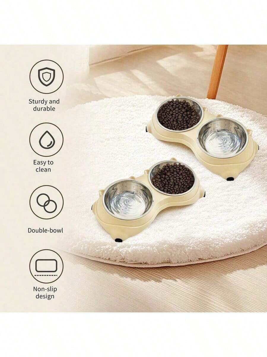 Double stainless steel pet bowl set with PVC base, 1.2L capacity for cats and dogs