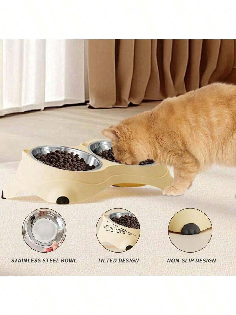 Double stainless steel pet bowl set with PVC base, 1.2L capacity for cats and dogs