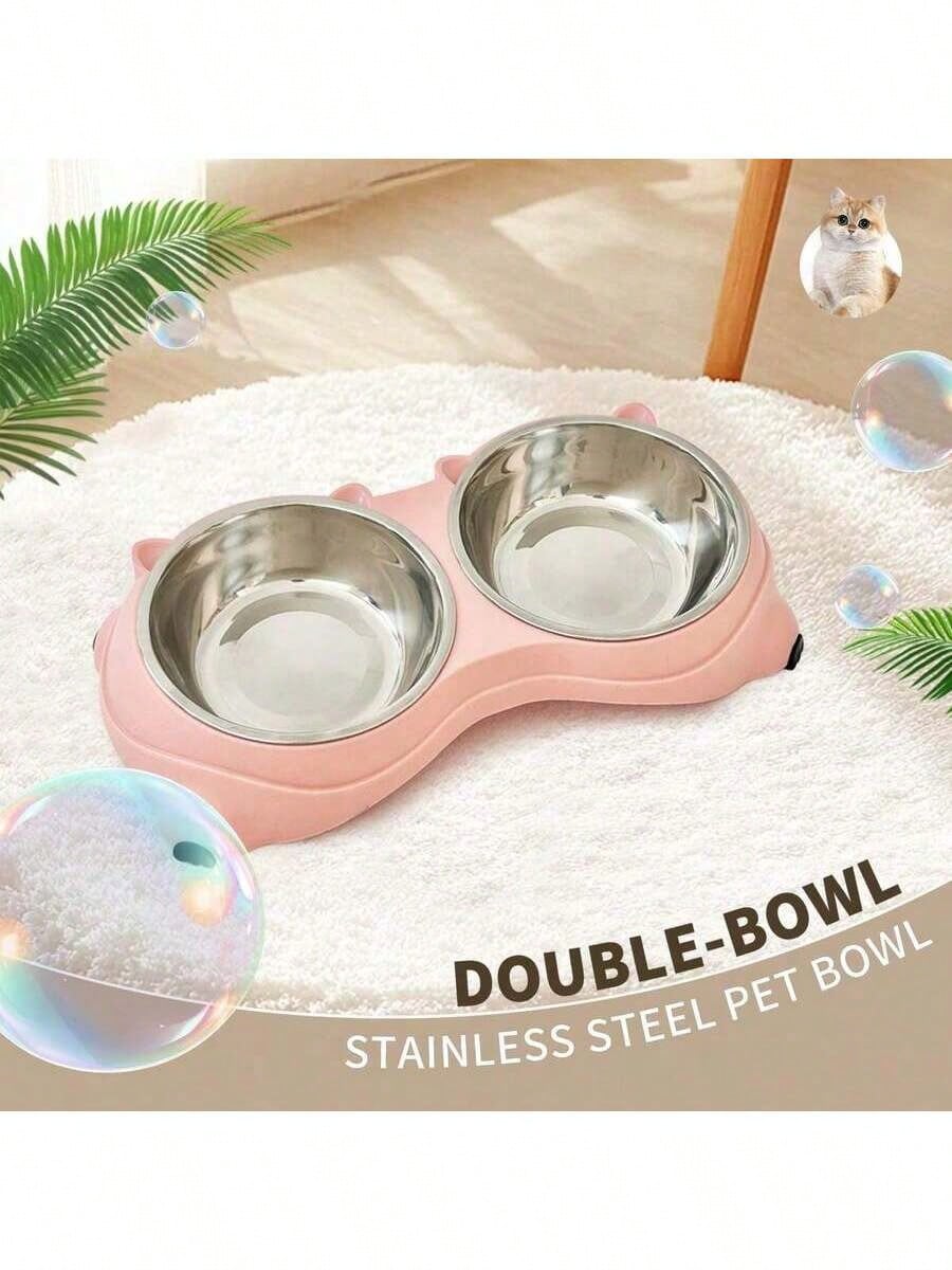 Double stainless steel pet bowl set with PVC base, 1.2L capacity for cats and dogs