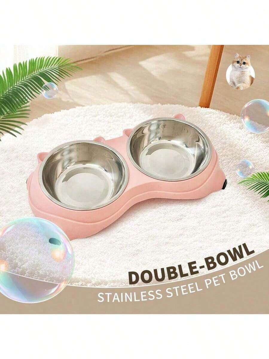Double stainless steel pet bowl set with PVC base, 1.2L capacity for cats and dogs