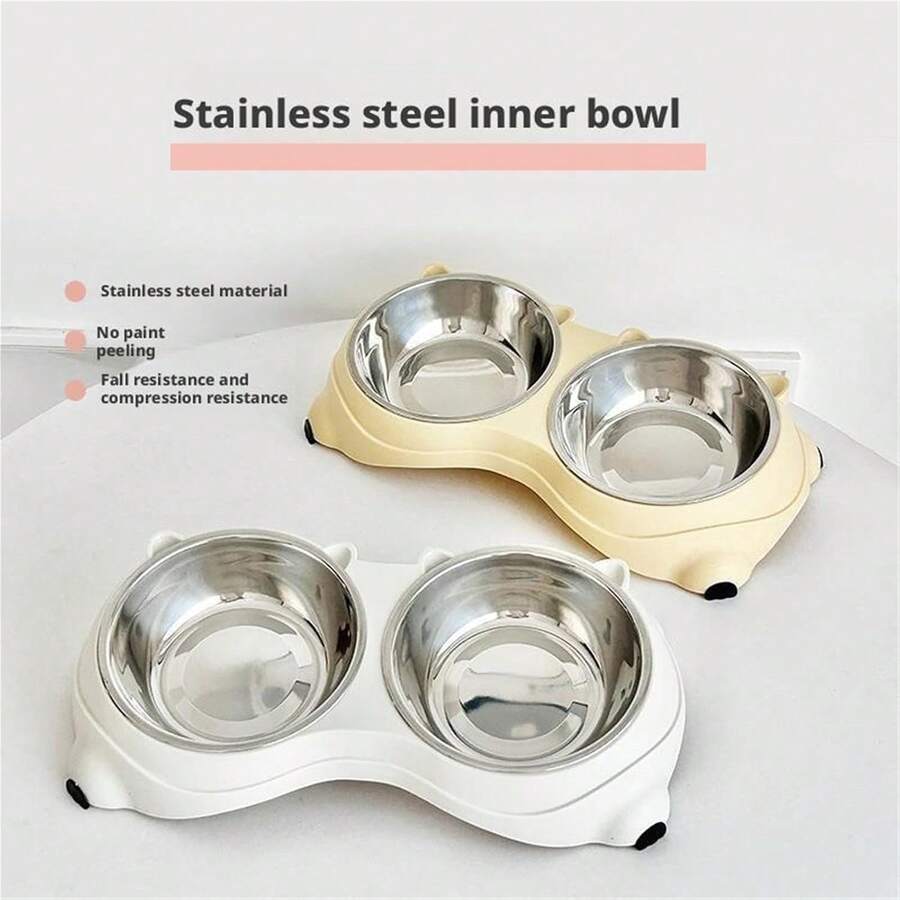 Double stainless steel pet bowl set with PVC base, 1.2L capacity for cats and dogs