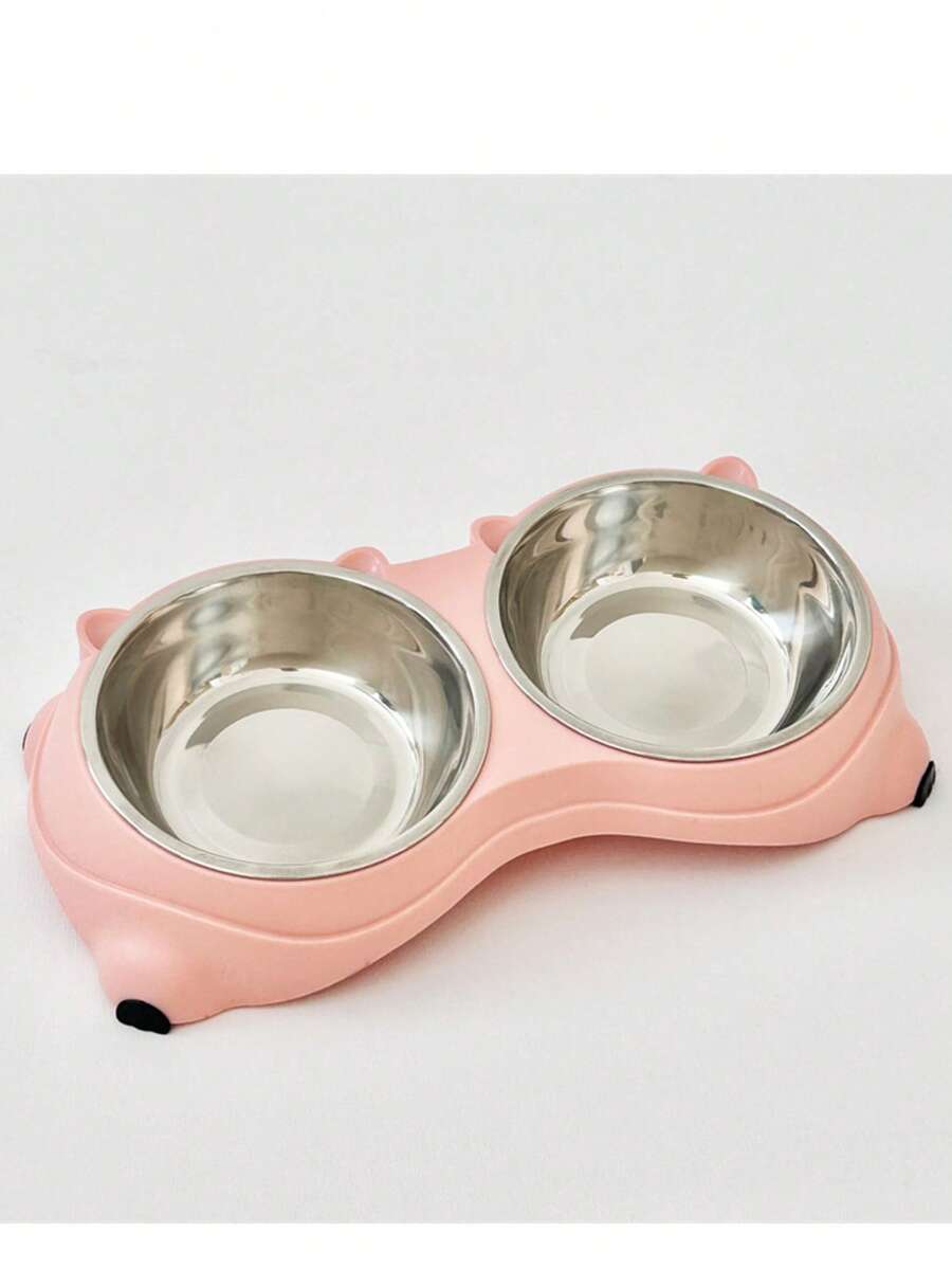 Double stainless steel pet bowl set with PVC base, 1.2L capacity for cats and dogs