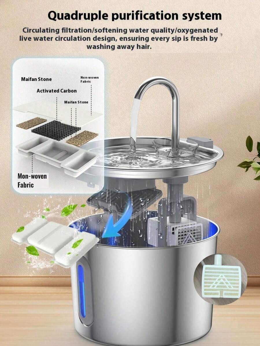 Stainless steel cat water fountain with 2.2L capacity, blue LED light, water viewing window, and USB power cord.