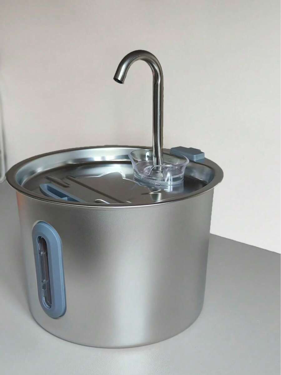 Stainless steel cat water fountain with 2.2L capacity, blue LED light, water viewing window, and USB power cord.