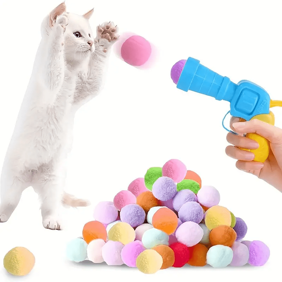 Interactive Launcher Training Cat Toy Set, Includes 1 Launcher And 20/50 Plush Balls (Quantity May Vary By 1-2), Suitable For Indoor Cats, Promotes Love And Trust Between Owner And Cat, Exercise Cat Toy, Random Color