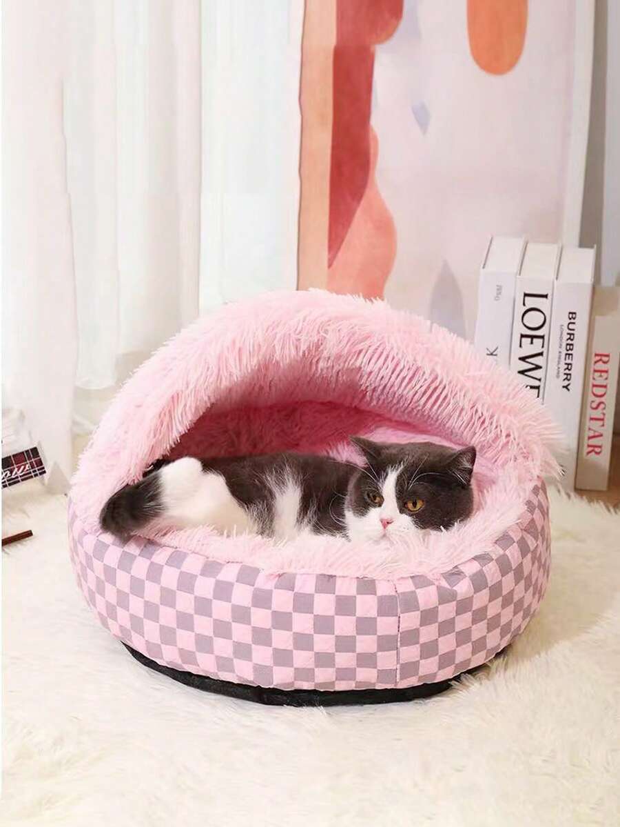 Multicolor semi-enclosed shell pet bed warming nest for cats and dogs made from 100% polyester.
