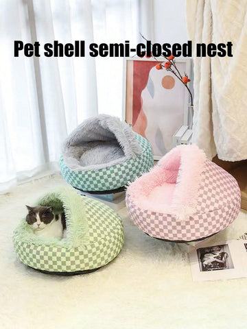 Multicolor semi-enclosed shell pet bed warming nest for cats and dogs made from 100% polyester.