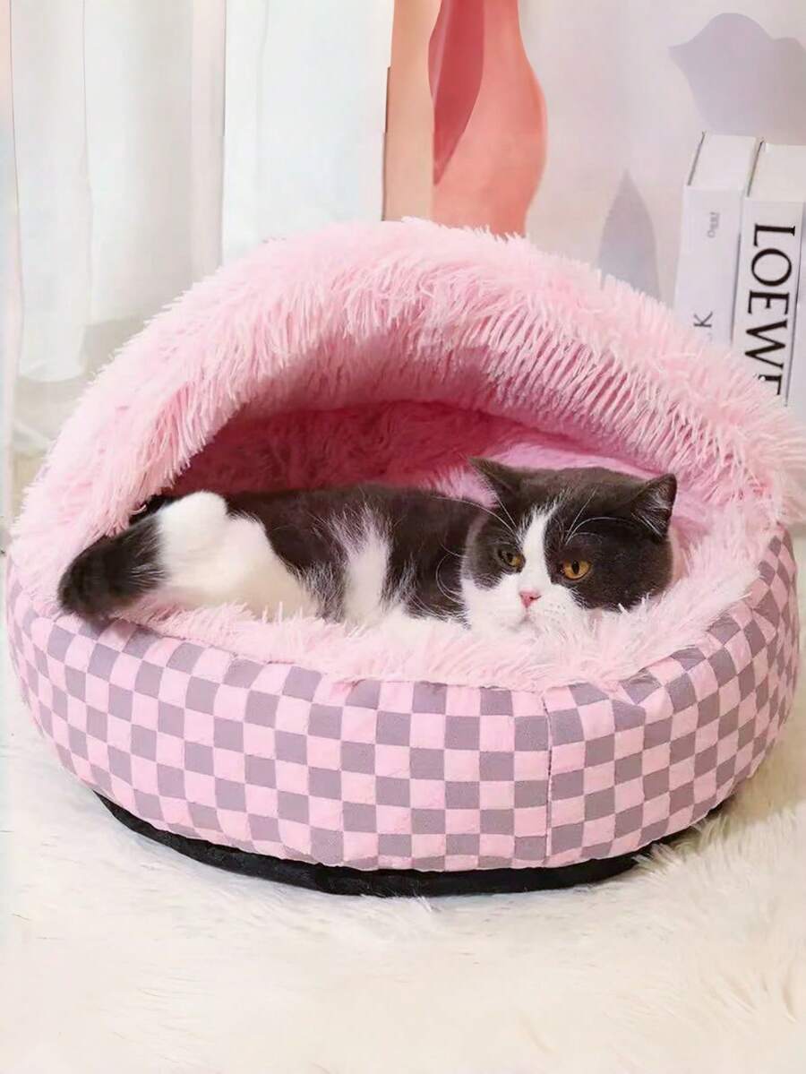 Multicolor semi-enclosed shell pet bed warming nest for cats and dogs made from 100% polyester.