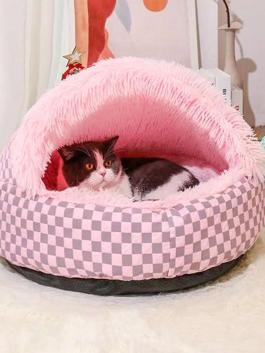 Multicolor semi-enclosed shell pet bed warming nest for cats and dogs made from 100% polyester.